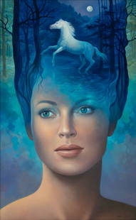 Alberto Pancorbo (Spanish, B. 1956) Oil on Canvas 'White Horse (Blue Dream)', H 48.5" W 29.5" Frame: Alberto Pancorbo (Spanish, B. 1956) Oil on Canvas 'White Horse (Blue Dream)', H 48.5" W 29.5" Frame Size: H 55" W 36.5" Signed in the lower right. A dream-like composition of a lovely young woman look