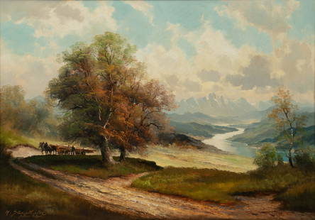 Helmut Stadelhofer (German, 1914-1979) Oil on Canvas 'Logging', H 28" W 39" Frame Size: H 36" W 47": Helmut Stadelhofer (German, 1914-1979) Oil on Canvas 'Logging', H 28" W 39" Frame Size: H 36" W 47" Depicting horse drawn logging cart in a German alpine valley. Signed lower left. C.F. Berger Co.