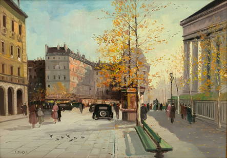 Constantin Kluge (Russian/French, 1912-2003) Oil on Canvas 'Place De La Madeleine', H 19.5" W 27.5": Constantin Kluge (Russian/French, 1912-2003) Oil on Canvas 'Place De La Madeleine', H 19.5" W 27.5" Frame Size: H 27" W 34" Depicting flower sellers and streetcar on Place de la Madeleine. Signed lowe
