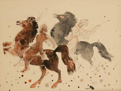Reuven Rubin (Israeli, 1893-1974) Watercolor on Handmade Paper 'Arabian Horses', H 25" W 19" 1 PC: Reuven Rubin (Israeli, 1893-1974) Watercolor on Handmade Paper 'Arabian Horses', H 25" W 19" 1 PC Not framed. Signed. Rubin is considered one of the most renowned and famous Israeli artists world