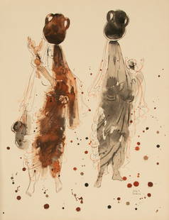 Reuven Rubin (Israeli, 1893-1974) Watercolor on Paper 'Scene with Figures', H 25" W 19" 1 PC: Reuven Rubin (Israeli, 1893-1974) Watercolor on Paper 'Scene with Figures', H 25" W 19" 1 PC Unframed. Signed. Scene with two women balancing water jugs on their heads. Provenance: Property of