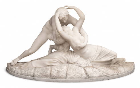 After Antonio Canova (Italian) Carved Marble Sculpture Psyche Revived by the Kiss of Love H 16.75" L: After Antonio Canova (Italian) Carved Marble Sculpture Psyche Revived by the Kiss of Love H 16.75" L 32" Depth 12.5" Signed on verso of base. After by original by Antonio Canova created for Engl