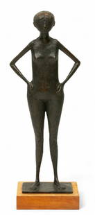 Arthur Schneider (American, 1929-1996) Bronze Sculpture, Standing Female Figure H 25.75" W 10" Depth: Arthur Schneider (American, 1929-1996) Bronze Sculpture, Standing Female Figure H 25.75" W 10" Depth 4.75" Signed at the base. Standing female figure with hands on hips. Dark brown patina. Mounted to