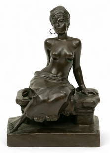 Emmanuel Villanis (French, 1858-1914) Bronze Sculpture 'Slave Girl', H 10" W 7" Depth 5": Emmanuel Villanis (French, 1858-1914) Bronze Sculpture 'Slave Girl', H 10" W 7" Depth 5" Signed at the right side of the base. Seated slave girl with her chained hands behind her. Skirt is removeable