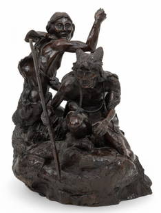 Rusty Phelps (American) Original Bronze Sculpture, Ca. 1975, 'The Hunt', SN: #7/15, H 15" W 10.5" L: Rusty Phelps (American) Original Bronze Sculpture, Ca. 1975, 'The Hunt', SN: #7/15, H 15" W 10.5" L 14" Signed and numbered 7/15 at base. Depicting two American Indian hunters wearing skins on their b