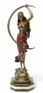 After Auguste Moreau (French, 1834-1917) Patinated Bronze Sculpture, 20th C., 'L'Aurore', H 24.5" W: After Auguste Moreau (French, 1834-1917) Patinated Bronze Sculpture, 20th C., 'L'Aurore', H 24.5" W 9" L 5.5" Woman in a red dress standing upon a globe and holding a crescent. Cast signed at the base