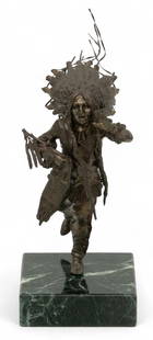 After Carl Kauba (Austrian, B. 1865-1922) Patinated Bronze Sculpture, 'Indian Chief', H 11.5" W 5": After Carl Kauba (Austrian, B. 1865-1922) Patinated Bronze Sculpture, 'Indian Chief', H 11.5" W 5" Depth 5.25" Depicting a calling Indian chief. Presented on a green variegated marble base, measuring