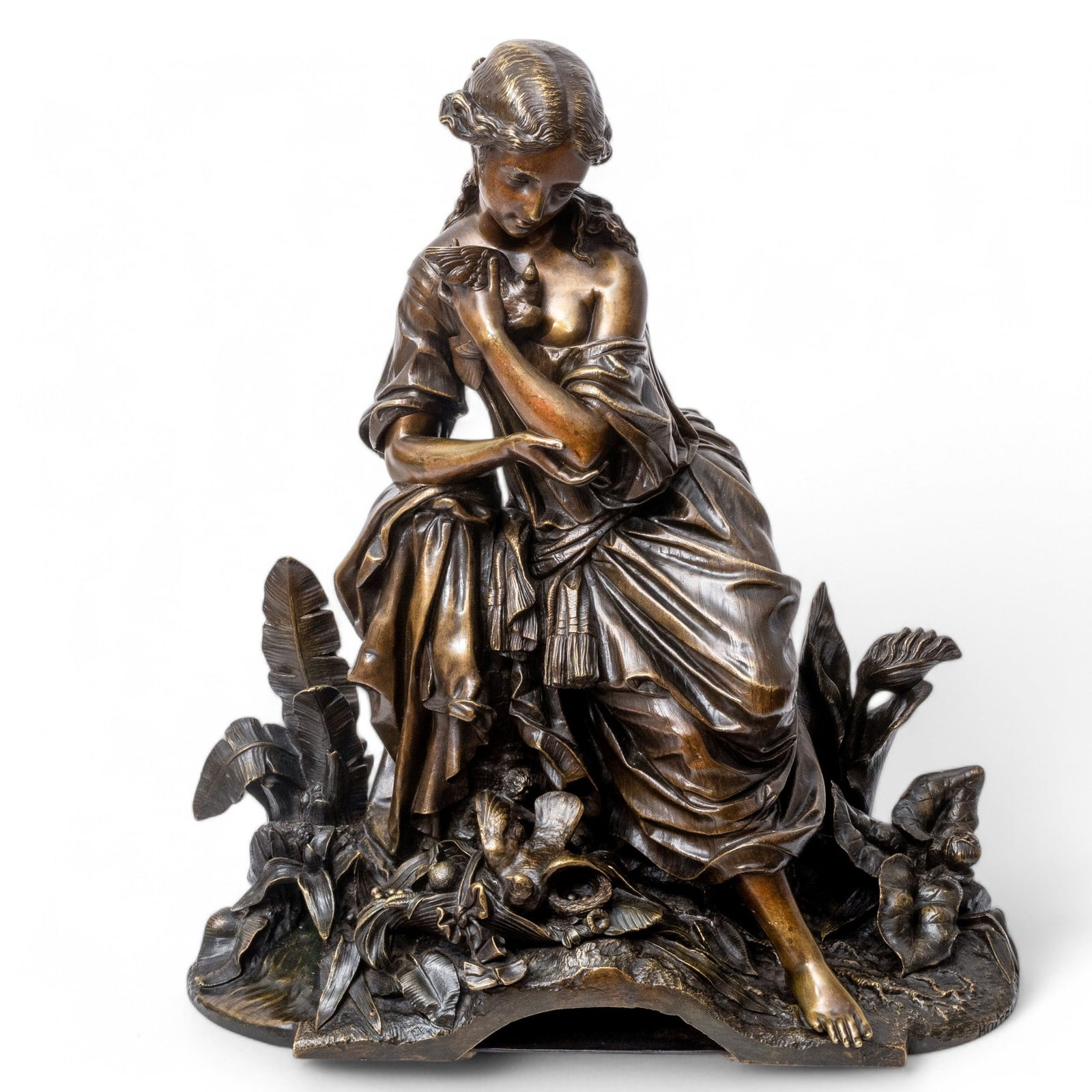 Isidore-Romain Boitel (French, 1812-1861) Bronze Sculpture, 19th C., 'Young Woman with Doves', H 21" (1 of 6)