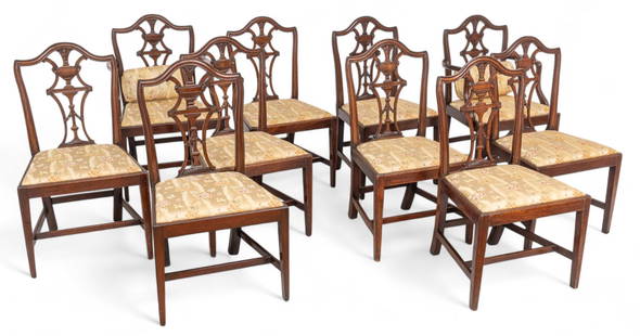 English Hepplewhite Period And Style Dining Chairs 18th And 20th C., H 36.5" W 21" Depth 20.5" 10: English Hepplewhite Period And Style Dining Chairs 18th And 20th C., H 36.5" W 21" Depth 20.5" 10 PCS Each having an intricately carved shield form backs with urn and floral carved splats. Carved reed
