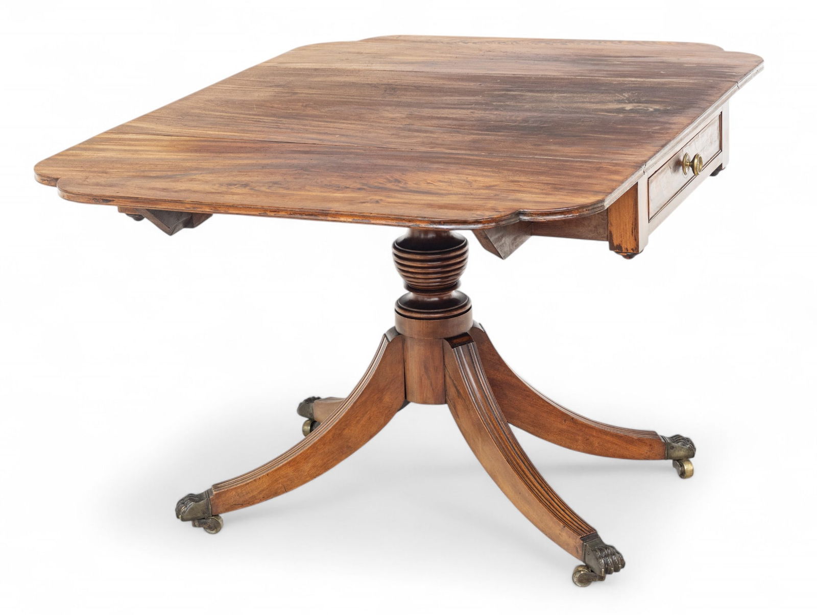 American Duncan Phyfe Mahogany Drop Leaf Table, Ca. 1810, H 48" W 28" L 38": American Duncan Phyfe Mahogany Drop Leaf Table, Ca. 1810, H 48" W 28" L 38" Having two drop leaves at 14" each. Double drawers (one faux) with brass pulls. Provenance: Property from the collect