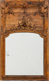 Country French Carved Oak Wall Mirror 18th C., H 50" W 31": Country French Carved Oak Wall Mirror 18th C., H 50" W 31" Carved floral, leaf,&nbsp; bud, and full bloom floral relief carved frieze surmounts mirror in a relief carved gadrooned border.&nbsp; Proven