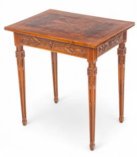 French Louis XVI Style Inlaid Fruitwood, Burlwood, And Carved Mahogany Console Table 1890-1910, H: French Louis XVI Style Inlaid Fruitwood, Burlwood, And Carved Mahogany Console Table 1890-1910, H 28" W 27" Depth 18.75" Relief carved frieze and legs. Intricate inlaid fruitwood top.&nbsp; Provenance