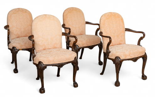 English Chippendale Style Set of Four Carved Walnut Arm Chairs, 1920's, H 36.5" W 24" Depth 24" 4: English Chippendale Style Set of Four Carved Walnut Arm Chairs, 1920's, H 36.5" W 24" Depth 24" 4 PCS Acanthus leaf carving atop swans neck open arms, leaf carved knees on cabriole legs with ball and
