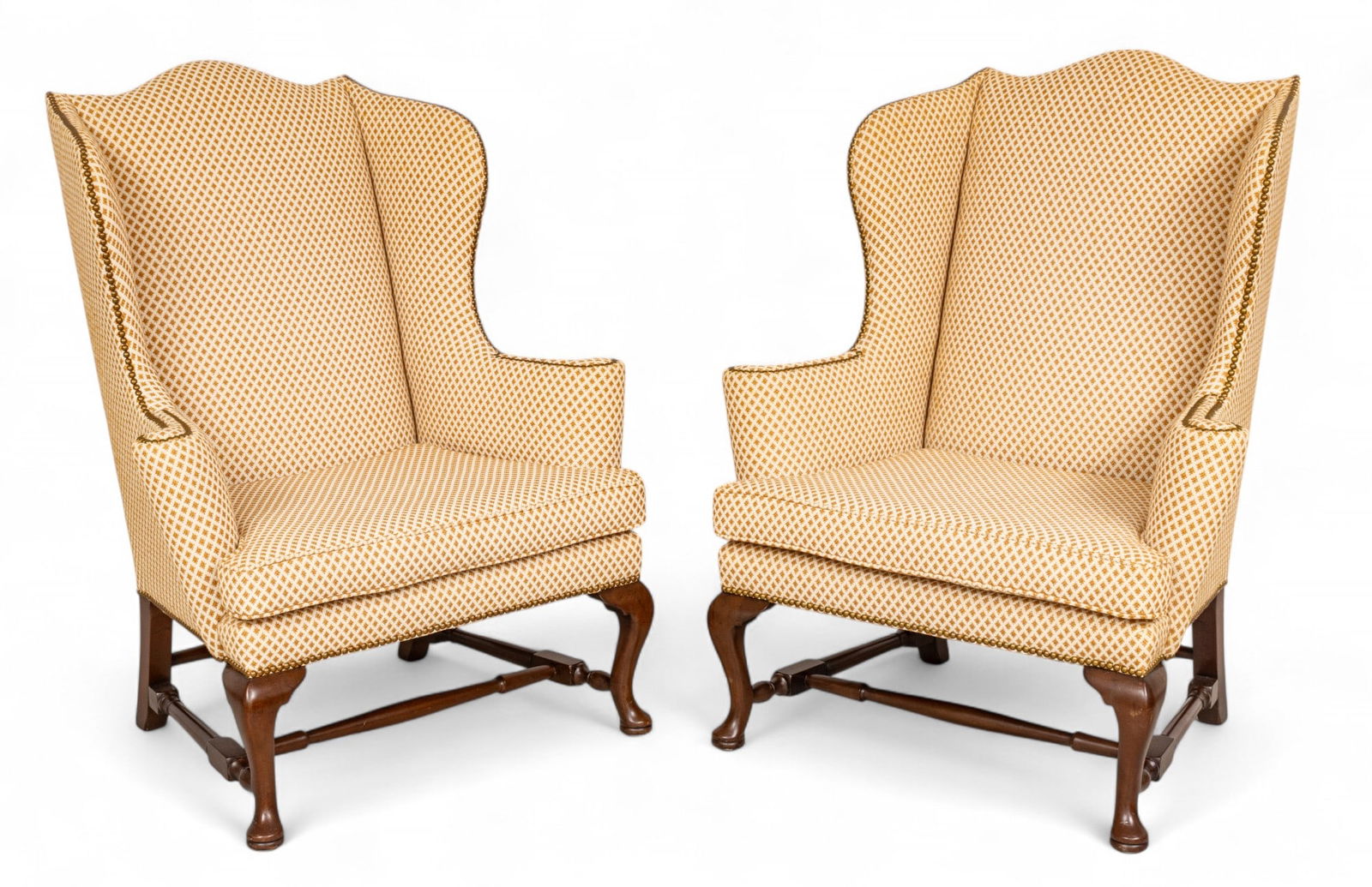 Queen Anne Style Mahogany Wingback Chairs, 20th C., H 46" W 38" Depth 33" 1 PAIR (1 of 8)