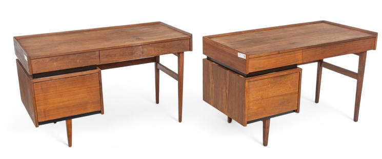 Merton Gershun for Dillingham (American) Mid-Century Modern Walnut Esprit Desks, 1973, H 29" W 48": Merton Gershun for Dillingham (American) Mid-Century Modern Walnut Esprit Desks, 1973, H 29" W 48" Depth 23" 2 PCS Pair of walnut desks having two upper drawers and one lower file drawer. Black enamel