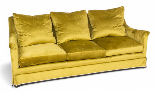 Green Velvet Sofa H 34" W 85" Depth 33": Green Velvet Sofa H 34" W 85" Depth 33" A striking, unmarked three-seat, vibrant green velvet sofa with skirted base and rolled arms.&nbsp; Dimensions: 1 PC x H 34" W 85" Depth 33"