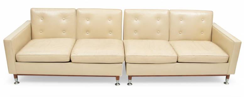 Stow Davis Mid-century Modern Vinyl Upholstered Sofa, Ca. 1960, W 104" Depth 31": Stow Davis Mid-century Modern Vinyl Upholstered Sofa, Ca. 1960, W 104" Depth 31" Consisting of two pieces - right and left arm. Button back cushions. Each sofa back having six pierced brass button ven