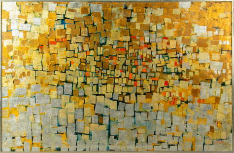 Louise Jensen Nobili (American/Michigan, 20th C.) Acrylic And Oil on Canvas, Ca. Mid 20th C.,: Louise Jensen Nobili (American/Michigan, 20th C.) Acrylic And Oil on Canvas, Ca. Mid 20th C., Abstract H 39" W 60" Signed in the lower right. Abstract image in gold, silver, orange, black and blue. Ha