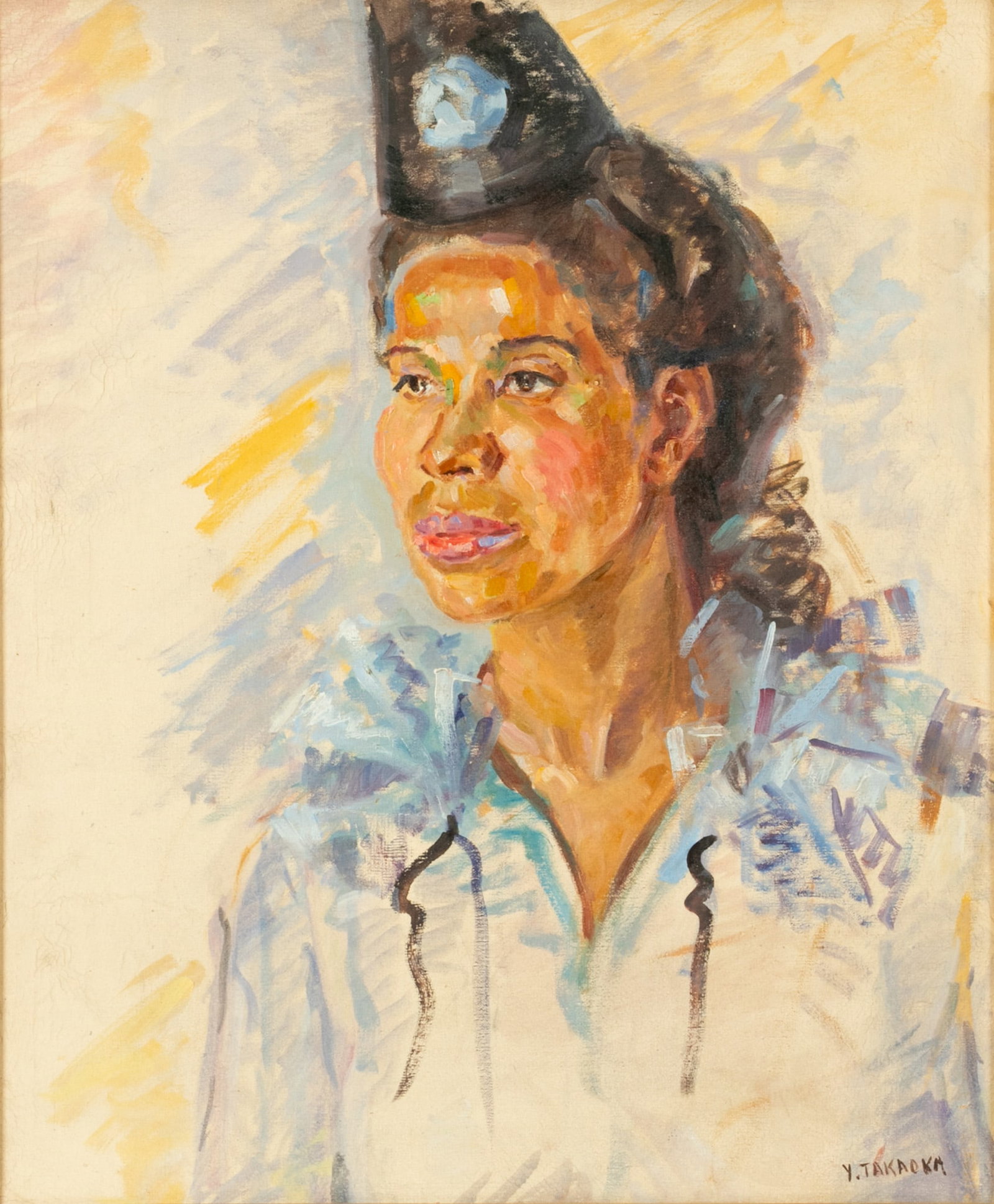 Yoshiya Takaoka (Japanese/Brazilian, 1909-1978) Oil on Canvas, Portrait of a Woman H 23.5" W 19.5": Yoshiya Takaoka (Japanese/Brazilian, 1909-1978) Oil on Canvas, Portrait of a Woman H 23.5" W 19.5" Frame Size: H 36" W 32" Signed in the lower right. Half length portrait of a woman wearing a hat. Hav