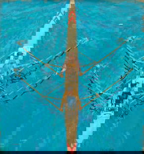 Robert Heindel (American, B. 1938-2005) Oil on Canvas Mural 'Partnership', H 37" W 32.6": Robert Heindel (American, B. 1938-2005) Oil on Canvas Mural 'Partnership', H 37" W 32.6" Depicting two people rowing a double skull as seen from above. Signed lower left. Titled lower right. Pro