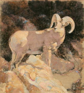 Robert Heindel (American, B. 1938-2005) Oil on Canvas Mural 'Big Horn Sheep', H 24" W 22": Robert Heindel (American, B. 1938-2005) Oil on Canvas Mural 'Big Horn Sheep', H 24" W 22" Signed lower right. Provenance: The artist gifted this to James Fisher of Toledo, OH. By descent from M