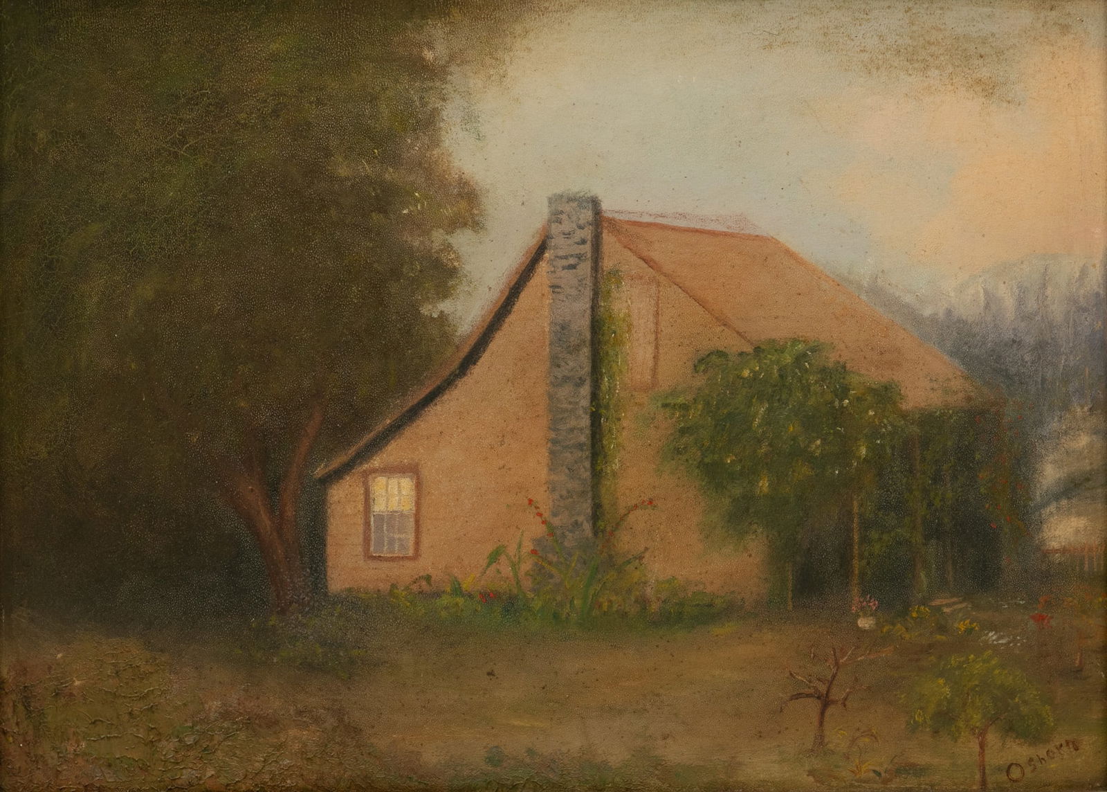 Oshore, Oil on Artist Board 'Cottage Landscape', H 12" W 18" Frame Size: H 16"  W 22.5" (1 of 4)