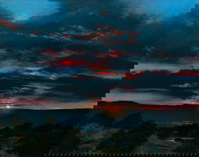 Dale Terbush (American, B. 1948) Oil on Canvas 'Place No Bounds on Your Dreams', H 24" W 30" Frame: Dale Terbush (American, B. 1948) Oil on Canvas 'Place No Bounds on Your Dreams', H 24" W 30" Frame Size: H 37" W 44" Luminist city and mountainscape. Signed lower left. Titled and signed verso.