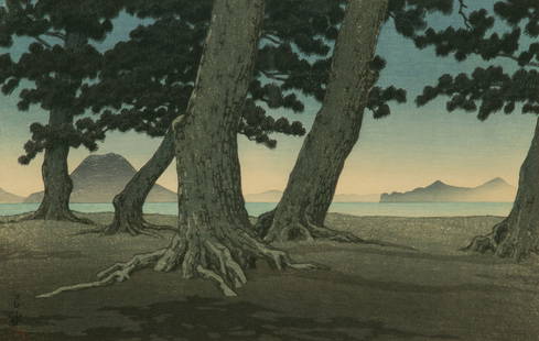 Hasui Kawase (Japanese, 1883-1957) Woodblock Print, Ca. 1931-1941, 'The Beach at Kaiganji in Sanuki: Hasui Kawase (Japanese, 1883-1957) Woodblock Print, Ca. 1931-1941, 'The Beach at Kaiganji in Sanuki Province', H 9.37" W 14.25" Woodblock print on paper, peaceful view of pine trees at Kaiganji Beach,