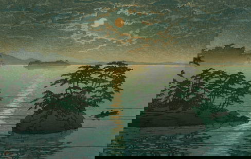 Hasui Kawase (Japanese, 1883-1957) Woodblock Print, Ca. 1931-1941, 'Moonrise at Futago Island,: Hasui Kawase (Japanese, 1883-1957) Woodblock Print, Ca. 1931-1941, 'Moonrise at Futago Island, Matsushima', H 9.25" W 14.25" Woodblock print depicting the moon over Futago Island. Light shimmers off t