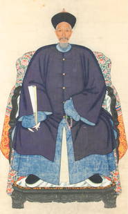 Chinese Gouache And Watercolor Ancestral Portrait of a Man H 58" W 35" Frame Size: H 83" W 50": Chinese Gouache And Watercolor Ancestral Portrait of a Man H 58" W 35" Frame Size: H 83" W 50" Seated male figure holding a fan in his right hand and prayer beads in the left. Two Chinese character on