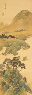 Chinese Hand Painted Paper Scroll 19th Cen., H 48.5" W 16.5": Chinese Hand Painted Paper Scroll 19th Cen., H 48.5" W 16.5" Mountainous scene, overall height 72" width 22". Provenance:  Sold to benefit a prominent Berkley, MI religious institution. Dimensions: 1
