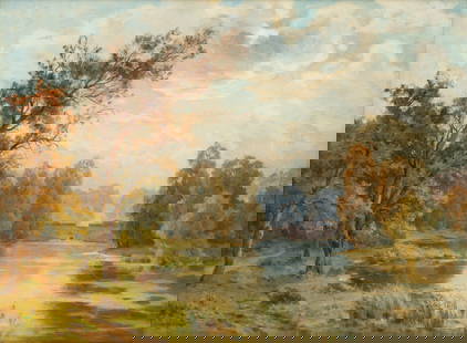 Lucien Simonnet (French, B. 1849-1926) Oil on Canvas, 'Paysage', H 21.5" W 29": Lucien Simonnet (French, B. 1849-1926) Oil on Canvas, 'Paysage', H 21.5" W 29" Signed in the lower left. Landscape depicting&nbsp; a dirt road next to a calm river with forested banks. Having a giltwo