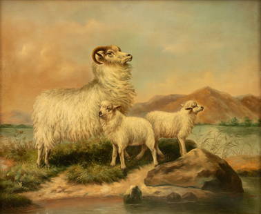 After Richard Ansdell (British, 1815-1885) Oil on Canvas, 20th C., 'Ewe with Lambs Beside a Loch', H: After Richard Ansdell (British, 1815-1885) Oil on Canvas, 20th C., 'Ewe with Lambs Beside a Loch', H 20" W 24" Frame Size: H 30" W 34" Signature in the lower right appears to read Robert Steels. After