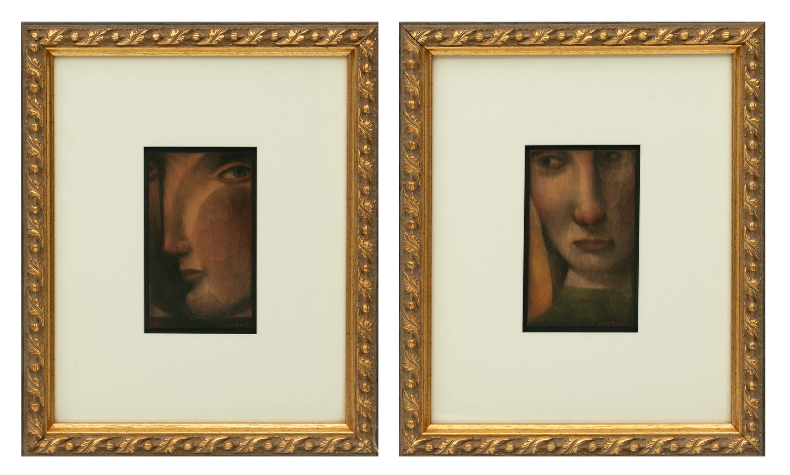Lynn Whipple (American) Pair of Acrylic on Wood Panels 20th Cen., 'Portraits', H 10" W 6" Frame (1 of 12)
