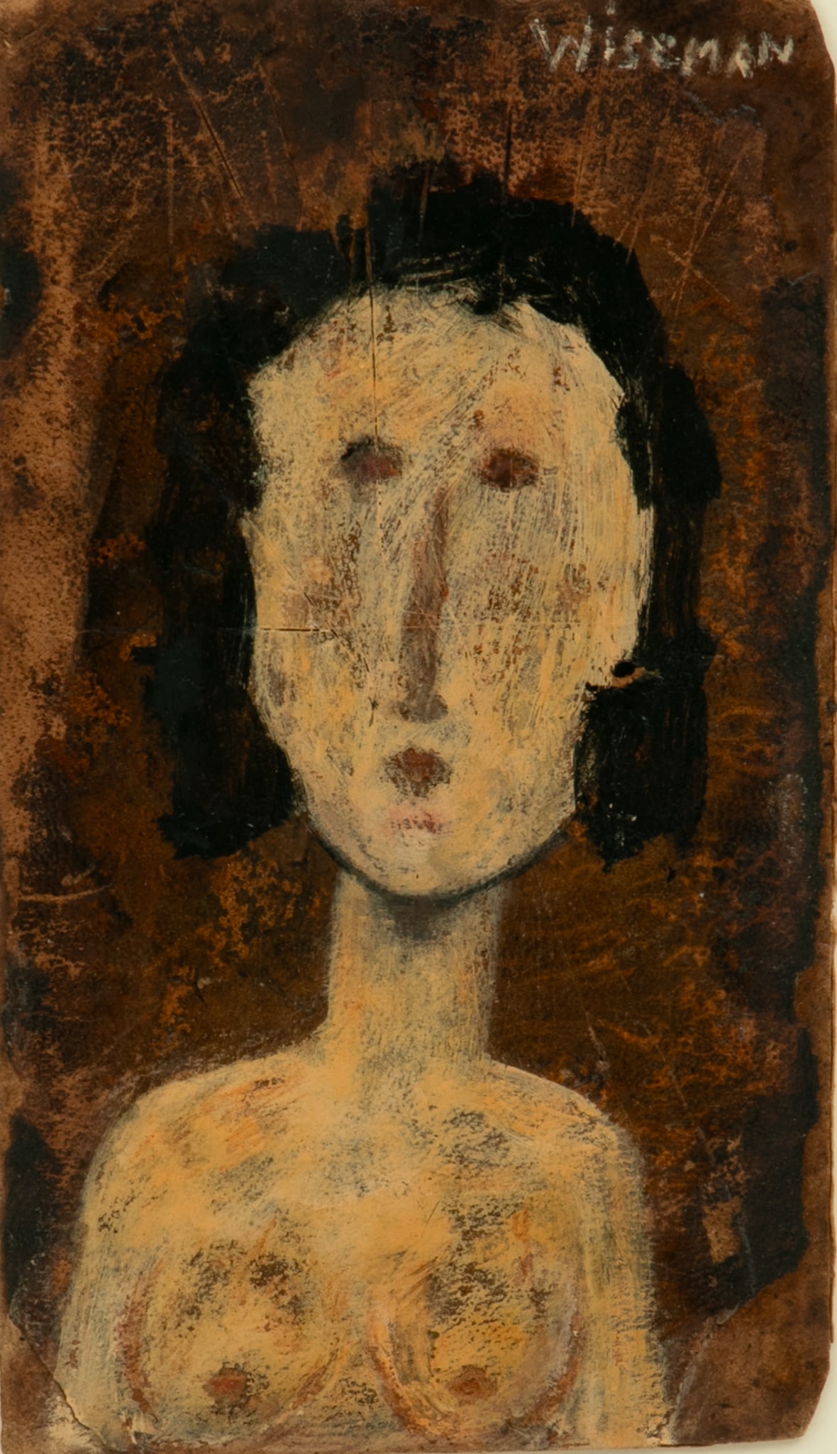 Harriet Wiseman (American Folk Art, B. 1945) Oil on Leather 'Half-length Portrait of a Nude Woman',: Harriet Wiseman (American Folk Art, B. 1945) Oil on Leather 'Half-length Portrait of a Nude Woman', H 7.25" W 4" Signed upper right and framed under glass H.20.75" W. 17.75. Dimensions: 1 PC x H 7.25"