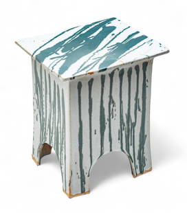 Eric O'leary (American, 20th C.) Tariki Studio Glazed Stoneware Garden Seat H 19" W 13.25" L 15.75": Eric O'leary (American, 20th C.) Tariki Studio Glazed Stoneware Garden Seat H 19" W 13.25" L 15.75" Drip glaze with green on a greenish-grey field. Four block legs with a pedestal top. Unmarked.&nbsp;