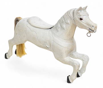 American Hand Carved Wood Center Row Carousel Horse C. 1900, H 36" W 9" L 53": American Hand Carved Wood Center Row Carousel Horse C. 1900, H 36" W 9" L 53" Painted white in the 20th c.&nbsp; Provenance:  The Beardslee Family Estate, Grosse Ponte Farms, MI Dimensions: 1 PC x H 3
