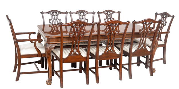 Henredon (American) Chippendale Style Carved Mahogany Dining Table And Eight Chairs, 20th C., 9 PCS: Henredon (American) Chippendale Style Carved Mahogany Dining Table And Eight Chairs, 20th C., 9 PCS Table having four cabriole legs on the corners with ball and claw feet, H 30", W 44", L 78". Include