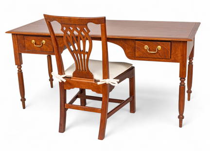 Baker Furniture (Est.1890) Milling Road Collection Carved Mahogany Desk And Chair 2 PCS: Baker Furniture (Est.1890) Milling Road Collection Carved Mahogany Desk And Chair 2 PCS Writing desk on four turned legs. Two drawers with brass pulls. Baker Milling Road label at one drawer interior.