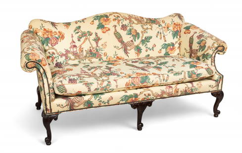 Henredon (American) Chippendale Style Mahogany Frame Camel Back Sofa, 20th C., H 36" L 77" Depth 34": Henredon (American) Chippendale Style Mahogany Frame Camel Back Sofa, 20th C., H 36" L 77" Depth 34" Cabriole legs with whorl feet. Brass nailhead trim. Provenance: The Beardslee Family E