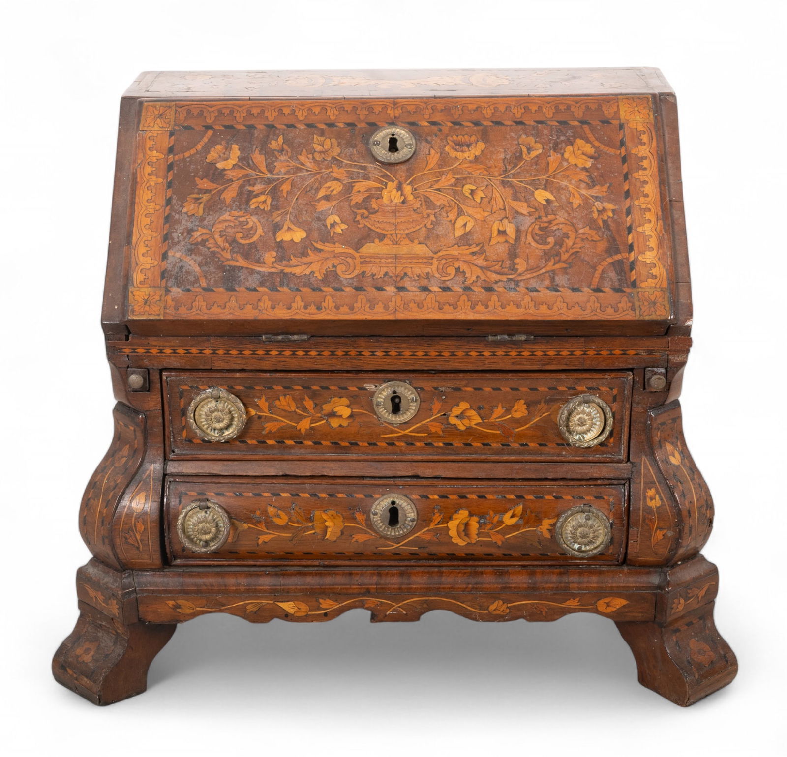 English Marquetry Inlaid Bombe Slant Front Desk 19th Cen., H 14.5" W 18" Depth 10.5" (1 of 10)