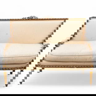French Louis XVI Directoire Style Gilt & Upholstered Settee, H 37" W 51" Depth 26": French Louis XVI Directoire Style Gilt & Upholstered Settee, H 37" W 51" Depth 26" Hand carved classic frame with bowknot and flute crest. Loose seat cushion. Tight upholstered padded back with