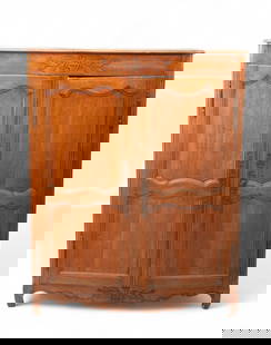 Country French Carved Cherry Armoirette, 1800, H 61" W 49" Depth 22": Country French Carved Cherry Armoirette, 1800, H 61" W 49" Depth 22" Dovetail and peg construction. Double front hinged panel doors opening to four interior shelves. Flat cornice with Provencal