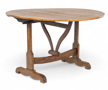 French Oak Vendange (Wine Tasting) Table, 1870, H 28" W 43.5" L 43" 1 PC: French Oak Vendange (Wine Tasting) Table, 1870, H 28" W 43.5" L 43" 1 PC Tressel base, tilt top, with a harp style swivel - turns for supporting top. Pegged construction. Provenance: The Beardslee