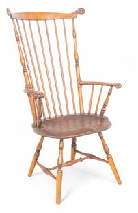 American Colonial Style Pine And Hickory 7 Spindle Windsor Arm Chair, 18th/19th C., H 44" W 27.5": American Colonial Style Pine And Hickory 7 Spindle Windsor Arm Chair, 18th/19th C., H 44" W 27.5" Depth 27" Bowed crest, carved scrolled ears, saddle seat. Provenance: The Beardslee Family