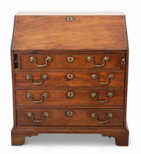 English Antique Mahogany Miniature Slant Front Desk 19th C., H 20" W 19" Depth 11": English Antique Mahogany Miniature Slant Front Desk 19th C., H 20" W 19" Depth 11" Slant front above four drawers, on bracket feet. No key. Provenance: Property of a Grosse Pointe Park, MI private