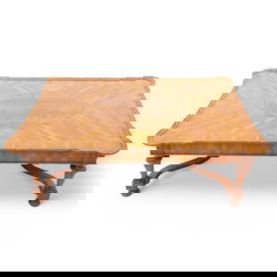 Alfonso Marina Inlaid Marquetry Cocktail Table, 1990, H 20" W 59" Depth 39.75": Alfonso Marina Inlaid Marquetry Cocktail Table, 1990, H 20" W 59" Depth 39.75" With Alfonso Marina Ebanista label. Spanish Colonial style. Made in Ciudad de Mexico. Four trumpet legs joined by