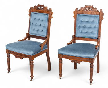 Victorian, Eastlake Movement Carved Walnut Parlor Chairs, 1 PAIR: Victorian, Eastlake Movement Carved Walnut Parlor Chairs, 1 PAIR Turned front legs with ceramic castors. Pierced and fluted back with burlwood veneer accents and a pierced foliate spray. Blue velvet