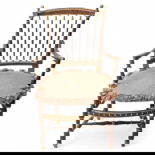 Hitchcock Influence Painted Open Arm Chair, H 35" W 22" Depth 18": Hitchcock Influence Painted Open Arm Chair, H 35" W 22" Depth 18" Gilt highlights. Spindle back, curved front stretcher bar. Nicely out curved side arms. Provenance: Collection of Bill and