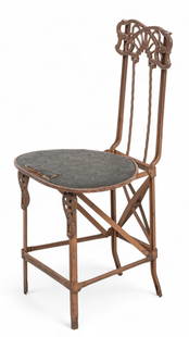 American Art Nouveau Gold Patinated Metal Folding Garden Chair 1900, H 31" W 15" Depth 15": American Art Nouveau Gold Patinated Metal Folding Garden Chair 1900, H 31" W 15" Depth 15" Stylized floral back and knees. Seat lifts for folding. Original fittings and upholstery. Dimensions: 1